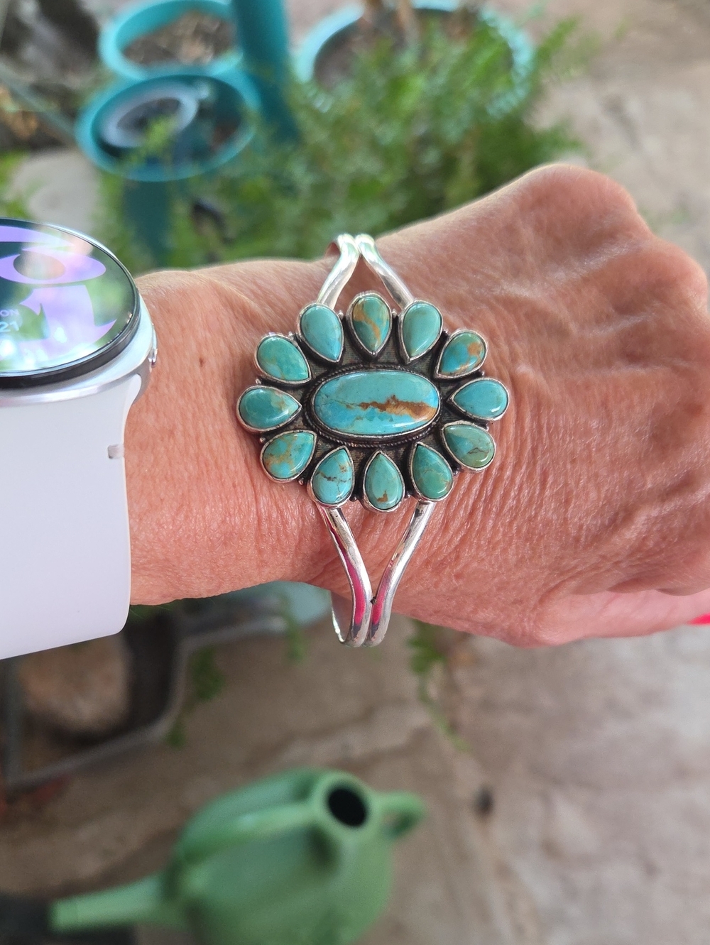 Turquoise Stone Floral Cuff Bracelet - Women Jewelry